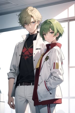 (masterpiece), best quality, best face, perfect face, a girl, female, lime_green hair, short hair, golden eyes, Suzuna, asymmetric bangs, male uniform, white jacket, white pants, technological classroom, yellow t-shirt, Haruka, rokuro_enmadou,suzuna,haruka