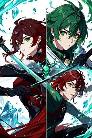 (masterpiece), best quality, expressive eyes, perfect face, perfect eyes, ((best quality)), ((highly detailed)), detailed face, beautiful face, (detailed eyes, deep eyes), female, big green eyes, ((long voluminous hair)), ((red hair)), deep eyes, ((dark red catsuit)), ((((2 swords)))), ((emerald green sword)), ((ice made frost sword)), character \(series\)