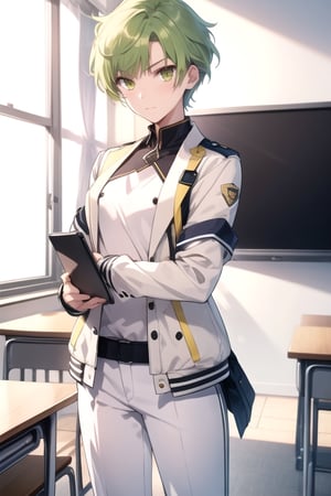 (masterpiece), best quality, best face, perfect face, a girl, female, lime_green hair, short hair, golden eyes, Suzuna, asymmetric bangs, male uniform, white jacket, white pants, technological classroom, yellow t-shirt, Haruka, rokuro_enmadou,suzuna,haruka