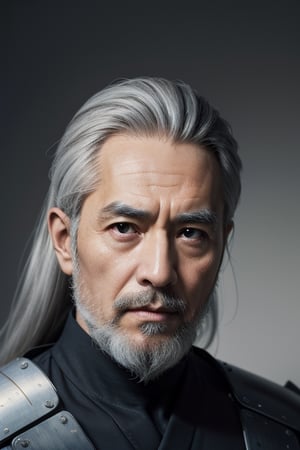 (masterpiece), best quality, expressive eyes, perfect face, centered, (platinum futuristic Japanese armor),  (futuristic dojo background), (male), (modern samurai), (grey hair), leather, jedi,  ((white Haori)), cyberpunk, beard, ((old man)), long hair