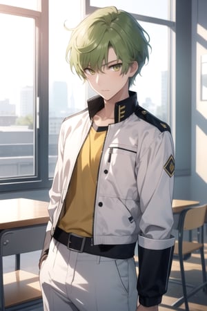 (masterpiece), best quality, best face, perfect face, a girl, female, lime_green hair, short hair, golden eyes, Suzuna, asymmetric bangs, male uniform, white jacket, white pants, technological classroom, yellow t-shirt, Haruka, rokuro_enmadou,suzuna,haruka,short hair