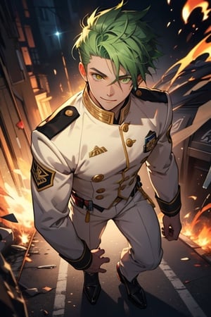 (masterpiece), best quality, expressive eyes, perfect face, detailed face, a boy, (acid green hair), (golden eyes), effeminate, (white uniform, black from the chest up), full body, happy_face