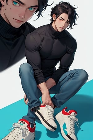 (masterpiece), best quality, expressive eyes, perfect faces, detailed faces, a man, black hair, tuft covering right eye, teal eyes, fullbody, slender, black turtleneck, blue jeans, sneakers, mole under left eye,