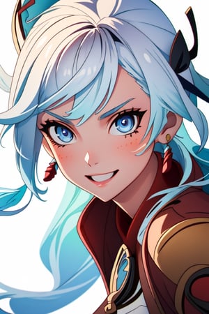 (masterpiece), best quality, expressive eyes, perfect face, perfect eyes, ((best quality)), ((highly detailed)), detailed face, beautiful face, (detailed eyes, deep eyes), girl, (((female))), big deep blue eyes, ((long voluminous hair)), ((white hair)), deep eyes, ((pelt tribal heavy clothes)), poor clothes, fantasy, skinny, dirty face, smile, leather clothes, poor clothes,  brown clothes,shenhe(genshin impact),furina \(genshin impact\),beidoudef