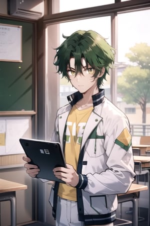 (masterpiece), best quality, best face, perfect face, a girl, lime_green hair, short hair, golden eyes, Suzuna, asymmetric bangs, male clothes, Japanese male school uniform, white jacket, white pants, technological classroom, yellow t-shirt,haruka