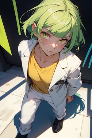 (masterpiece), best quality, best face, perfect face, a girl, skinny, acid-green hair, golden eyes, full_body, pixie hair, asymmetrical bangs, gakuran, white jacket, white long pants, yellow t-shirt, flat chest, 