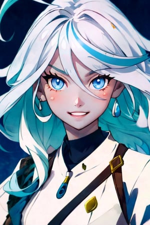 (masterpiece), best quality, expressive eyes, perfect face, perfect eyes, ((best quality)), ((highly detailed)), detailed face, beautiful face, (detailed eyes, deep eyes), girl, (((female))), big deep blue eyes, ((long voluminous hair)), ((white hair)), deep eyes, ((pelt tribal heavy clothes)), poor clothes, fantasy, skinny, dirty face, smile, leather clothes, poor clothes,  brown clothes,shenhe(genshin impact),furina \(genshin impact\),beidoudef