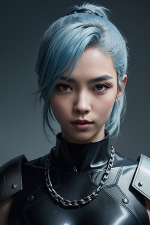 (masterpiece), best quality, expressive eyes, perfect face, centered, (platinum futuristic Japanese armor),  (futuristic dojo background), (female), (modern samurai), (light blue hair), leather, white, jedi,  ((white Haori)), cyberpunk, chain mail