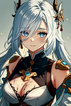 (masterpiece), best quality, expressive eyes, perfect face, perfect eyes, ((best quality)), ((highly detailed)), detailed face, beautiful face, (detailed eyes, deep eyes), girl, (((female))), big deep blue eyes, ((long voluminous hair)), ((white hair)), deep eyes, ((pelt tribal heavy clothes)), poor clothes, razor clothes, skinny, dirty face, smile, character \(series\),character \(series\),leather