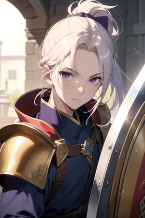 (masterpiece), best quality, best face, perfect face, Yoshitaka Amano style, a guy, blue dressed, golden hair, purple eyes, ponytail, piece or armor, a sword, a shield