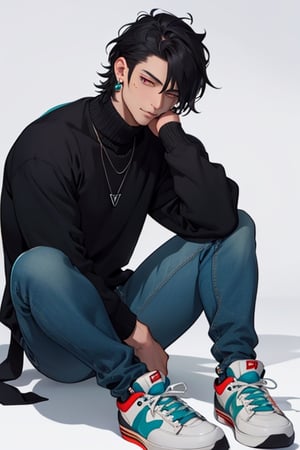 (masterpiece), best quality, expressive eyes, perfect faces, detailed faces, a man, black hair, tuft covering right eye, teal eyes, fullbody, slender, black turtleneck, jeans, sneakers, a single mole just under left eye, shy perfect hands, light blue transparent octahedron earring at left ear, necklace with a vampire canine,  silver ring at left thumb,