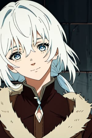 (masterpiece), best quality, expressive eyes, perfect face, perfect eyes, ((best quality)), ((highly detailed)), detailed face, beautiful face, (detailed eyes, deep eyes), girl, (((female))), big deep blue eyes, ((long voluminous hair)), ((white hair)), deep eyes, ((pelt tribal heavy clothes)), poor clothes, razor clothes, skinny, dirty face, smile, character \(series\),character \(series\),leather,fushi_fumetsu