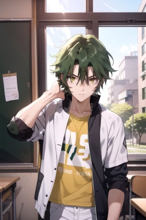 (masterpiece), best quality, best face, perfect face, a girl, lime_green hair, short hair, golden eyes, Suzuna, asymmetric bangs, male clothes, Japanese male school uniform, white jacket, white pants, technological classroom, yellow t-shirt, Haruka, rokuro_enmadou