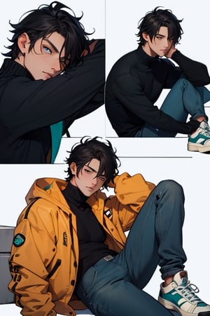 (masterpiece), best quality, expressive eyes, perfect faces, detailed faces, a man, black hair, tuft covering right eye, teal eyes, fullbody, slender, black turtleneck, blue jeans, sneakers, mole under left eye,