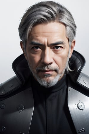 (masterpiece), best quality, expressive eyes, perfect face, centered, (platinum futuristic Japanese armor),  (futuristic dojo background), (male), (modern samurai), (grey hair), leather, white, jedi,  ((white Haori)), cyberpunk, beard, ((old man)), long hair