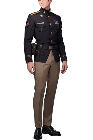 (masterpiece), best quality, mannequin, (white male school uniform, black from the chest up), full body, military-style