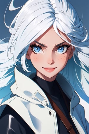 (masterpiece), best quality, expressive eyes, perfect face, perfect eyes, ((best quality)), ((highly detailed)), detailed face, beautiful face, (detailed eyes, deep eyes), girl, (((female))), big deep blue eyes, ((long voluminous hair)), ((white hair)), deep eyes, ((pelt tribal heavy clothes)), poor clothes, fantasy, skinny, dirty face, smile, leather clothes, poor clothes, 