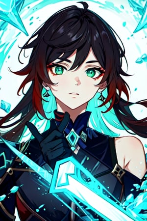 (masterpiece), best quality, expressive eyes, perfect face, perfect eyes, ((best quality)), ((highly detailed)), detailed face, beautiful face, (detailed eyes, deep eyes), female, really long hair, big green eyes, long red voluminous hair, deep eyes, dark red catsuit, 2 swords, emerald green sword, ice made frost sword, character \(series\)