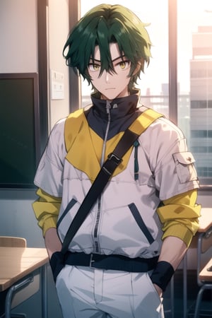 (masterpiece), best quality, best face, perfect face, a girl, lime_green hair, short hair, golden eyes, Suzuna, asymmetric bangs, male uniform, white jacket, white pants, technological classroom, yellow t-shirt, Haruka, rokuro_enmadou