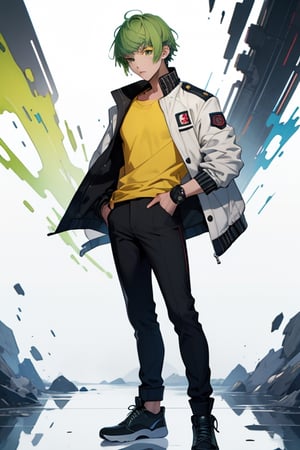 (masterpiece), best quality, best face, perfect face, short guy, skinny, acid-green hair, golden eyes, full_body, girlish, short hair, asymmetrical bangs, gakuran, white jacket, white long pants, yellow t-shirt,