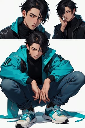 (masterpiece), best quality, expressive eyes, perfect faces, detailed faces, a man, black hair, tuft covering right eye, teal eyes, fullbody, slender, black turtleneck, blue jeans, sneakers, mole under left eye, shy perfect hands