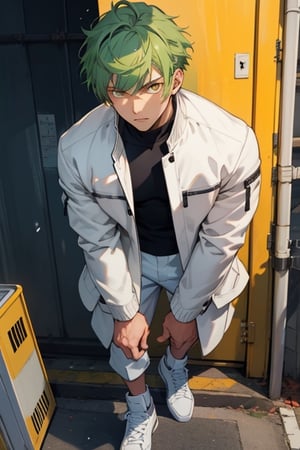 (masterpiece), best quality, best face, perfect face, short guy, skinny, acid-green hair, golden eyes, full_body, girlish, short hair, asymmetrical bangs, gakuran, white jacket, white long pants, yellow t-shirt,