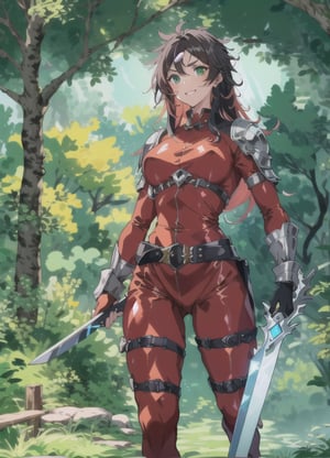 {1girl}, classic fantasy, 2 weapon fighter, {{emerald green short sword}}.  {{ice short sword}},  HDR, UHD, 8K, best quality, {masterpiece}, Highly detailed, slender, {{{{smile}}}}, {{{{unsecure}}}}, messy hair, {{{{long hair}}}}, {voluminous hair}, {{red hair}}, forest, {{{dark red silk catsuit}}}, 20 years old, {{{green eyes}}}, leather armor, sharp facial features, perfect hands, breastplate,