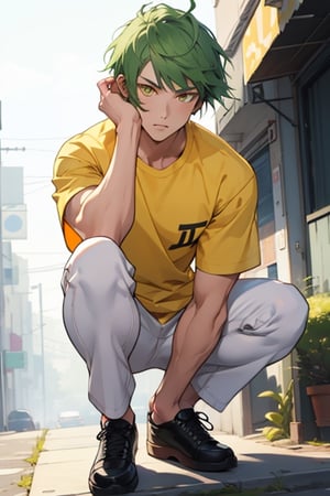 (masterpiece), best quality, best face, perfect face, a girl, skinny, acid-green hair, golden eyes, full_body, boyish, short hair, asymmetrical bangs, gakuran, white jacket, white long pants, yellow t-shirt,