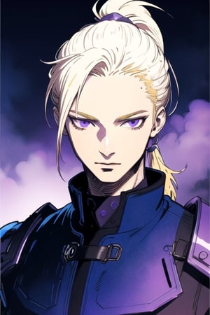 few colors, (masterpiece), best quality, best face, perfect face, Yoshitaka Amano, a boy, ponytail, purple eyes, blond hair, black sky, final fantasy, black and white background, blue armor