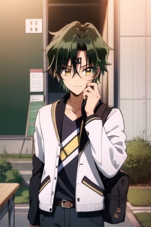 (masterpiece), best quality, best face, perfect face, a girl, lime_green hair, short hair, golden eyes, Suzuna, asymmetric bangs, male clothes, Japanese male school uniform, white jacket, white pants, technological classroom, yellow t-shirt, Haruka, rokuro_enmadou