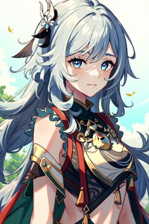 (masterpiece), best quality, expressive eyes, perfect face, perfect eyes, ((best quality)), ((highly detailed)), detailed face, beautiful face, (detailed eyes, deep eyes), girl, (((female))), big deep blue eyes, ((long voluminous hair)), ((white hair)), deep eyes, ((pelt tribal heavy clothes)), poor clothes, razor clothes, skinny, dirty face, smile, character \(series\),character \(series\)