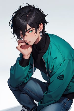 (masterpiece), best quality, expressive eyes, perfect faces, detailed faces, a man, black hair, tuft covering right eye, teal eyes, fullbody, slender, black turtleneck, jeans, sneakers, a single mole just under left eye, shy perfect hands, light blue prism earring at left ear