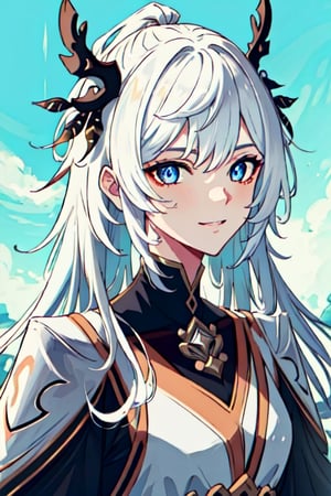 (masterpiece), best quality, expressive eyes, perfect face, perfect eyes, ((best quality)), ((highly detailed)), detailed face, beautiful face, (detailed eyes, deep eyes), female, big deep blue eyes, ((long voluminous hair)), ((white hair)), deep eyes, ((pelt tribal heavy clothes)), razor clothes, dirty, smile, character \(series\)