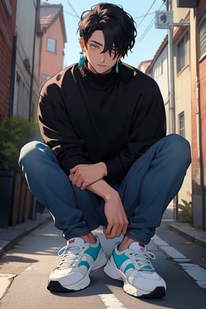 (masterpiece), best quality, expressive eyes, perfect faces, detailed faces, a man, black hair, tuft covering right eye, teal eyes, fullbody, slender, black turtleneck, blue jeans, sneakers, one mole just under left eye, shy perfect hands, light blue prism earring at left ear