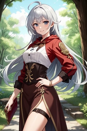 {1girl}, magician, white skin, HDR,UHD,8K, best quality, {masterpiece}, Highly detailed, slender, {{smile}}, messy hair, {{long hair}}, {{silver hair}}, forest, {{pelt and leather clothes}}, {{{{really Poor clothes}}}}