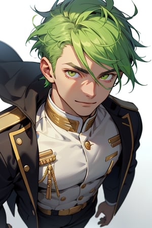 (masterpiece), best quality, expressive eyes, perfect face, detailed face, a boy, (acid green hair), (golden eyes), effeminate, (white uniform, black from the chest up), full body, happy_face