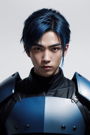 (masterpiece), best quality, expressive eyes, perfect face, centered, (platinum futuristic japanese armor),  (futuristic dojo background), (male), (modern samurai), blue, (blue hair), leather, jedi, young, blue, azure, ((white Haori)), cyberpunk, (16 years old)