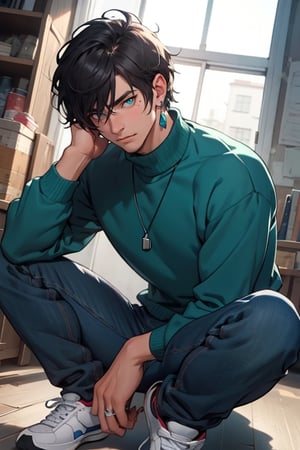 (masterpiece), best quality, expressive eyes, perfect faces, detailed faces, a man, black hair, long tuft covering right eye, teal eyes, fullbody, slender, black turtleneck, jeans, sneakers, a single mole just under left eye, shy, perfect hands, light blue transparent octahedron earring at left ear, canine tooth necklace, a single silver ring at left thumb, grey socks, five fingers hands, a wedding ring