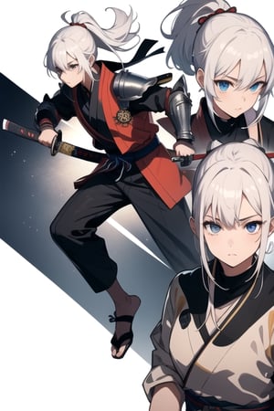 (masterpiece), best quality, expressive eyes, perfect face, a girl, centered, full body platinum armor,  (dojo background::1.2), male, , samurai , modern , jinbaori, , samurai jacket , blue, white hair, long ponytail , futuristic katana at belt, leather, jedi, daimyo jacket,