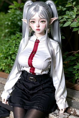 EpicDoll, doll,realistic, frieren, huge breasts,nipples, long hair, twintails, green eyes, grey hair, pointy ears, elf, shirt, long sleeves, jewelry, pantyhose, earrings, striped, black pantyhose, capelet, striped shirt, outdoors, in Forest,doll,realistic,frieren