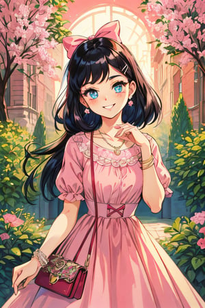 (best quality:1.2), (hyper detailed)
blue eyes, black hair, long hair,(parted bangs:1.2),(slicked back:0.8), smile,

Style - Retro Charm

Background - Nostalgic Setting with Vintage Floral Patterns

Subject - Vintage-inspired Fashionista

View - Striking a Playful Pose in a Charming Garden

Appearance - Adorned in a Pink Retro Dress with Flower Accents

Outfit - Vintage Accessories and Cute Hair Accessories

Pose - Playfully Holding a Vintage Handbag

Details - Hair Adorned with a Cute Bow and Colorful Hairpins

Effects - Soft Pink Glow and Whimsical Backdrop

Description - Transport yourself to a world of "Retro Charm" with this delightful character. Dressed in a pink retro dress adorned with intricate flower accents, she embodies a sense of nostalgia and elegance. Her outfit is beautifully complemented by a collection of vintage accessories, including dainty earrings, a classic necklace, and a charming bracelet, all of which add a touch of old-world glamour to her look. To accentuate her playful style, her hair is adorned with a cute bow and colorful hairpins that catch the light as she moves. In a whimsical pose, she playfully holds a vintage handbag, showcasing her love for all things retro. Against a backdrop of vintage floral patterns, the soft pink glow highlights her features and adds to the enchanting atmosphere. This character is the epitome of vintage-inspired fashion, capturing the essence of a bygone era with a modern twist and a touch of cute charm.
