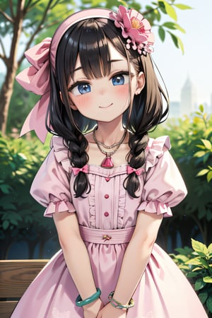 (best quality:1.2), (hyper detailed)
blue eyes, black hair, long hair,(parted bangs:1.2),(slicked back:0.8), smile,
(Loli:1.5) ,(child:1.5);
Style - Retro Charm

Background - Nostalgic Setting with Vintage Floral Patterns

Subject - Vintage-inspired Fashionista

View - Striking a Playful Pose in a Charming Garden

Appearance - Adorned in a Pink Retro Dress with Flower Accents

Outfit - Vintage Accessories and Cute Hair Accessories

Pose - Playfully Holding a Vintage Handbag

Details - Hair Adorned with a Cute Bow and Colorful Hairpins

Effects - Soft Pink Glow and Whimsical Backdrop

Description - Transport yourself to a world of "Retro Charm" with this delightful character. Dressed in a pink retro dress adorned with intricate flower accents, she embodies a sense of nostalgia and elegance. Her outfit is beautifully complemented by a collection of vintage accessories, including dainty earrings, a classic necklace, and a charming bracelet, all of which add a touch of old-world glamour to her look. To accentuate her playful style, her hair is adorned with a cute bow and colorful hairpins that catch the light as she moves. In a whimsical pose, she playfully holds a vintage handbag, showcasing her love for all things retro. Against a backdrop of vintage floral patterns, the soft pink glow highlights her features and adds to the enchanting atmosphere. This character is the epitome of vintage-inspired fashion, capturing the essence of a bygone era with a modern twist and a touch of cute charm.