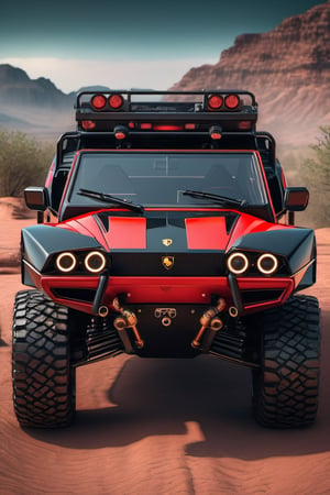 ((A photo realistic picture of)) black Lamborghini 1978 car with red neon , offroad overland modification, design by Kahn Design in hyper realistic 3D CGI Render style, outdoors, rugged terrain, steampunk look, unreal engine, studio lighting, insanely detailed and intricate, ultra sharp, hyper maximalist,steampunk style