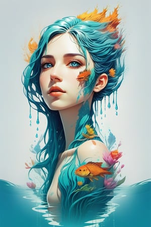a half body portrait of a woman as made of water, half body submerged in water, at a lake, turquoise hair depicting as waterfall, wet, drops of water on the face and body, natural body posture, rain, Art by Alberto Seveso, symmetrical, abstract artstyle, intricate complex watercolor painting, sharp eyes, digital painting, color explosion, concept art, voluminetric lighting,TanvirTamim, metallic reflections, 2d render, 8k. by artgerm, trending on artstation