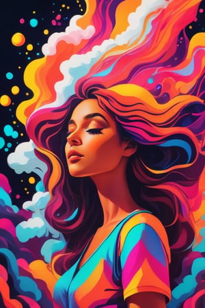neon colors, cartoon style illustration of a woman as she sees the world while experiencing hallucinations, stoned, splash art, splashed neon colors, neon glowy smoke) motion effects, best quality, wallpaper art, UHD, centered image, ((flat colors)), (cel-shading style) very vibrant neon colors, extremely saturated image (saturation 10) ink lined art, bold lines