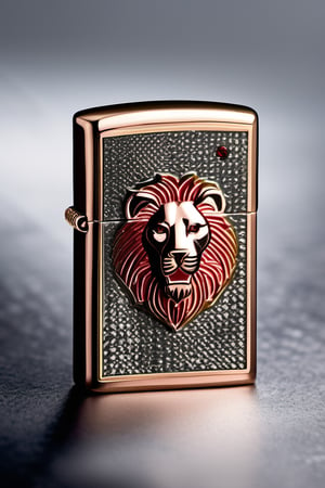 product photography , a zippo with copper and LION head logo on, with red diamonds eyes, LION