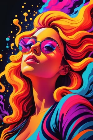 neon colors, cartoon style illustration of a woman as she sees the world while experiencing hallucinations, stoned, splash art, splashed neon colors, neon glowy smoke) motion effects, best quality, wallpaper art, UHD, centered image, ((flat colors)), (cel-shading style) very vibrant neon colors, extremely saturated image (saturation 10) ink lined art, bold lines
