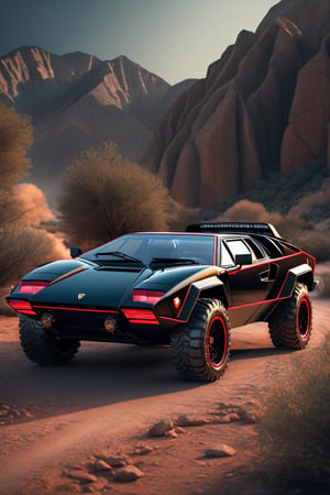 ((A photo realistic picture of)) black Lamborghini 1978 car with red neon , offroad overland modification, design by Kahn Design in hyper realistic 3D CGI Render style, outdoors, rugged terrain, steampunk look, unreal engine, studio lighting, insanely detailed and intricate, ultra sharp, hyper maximalist,steampunk style