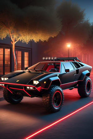 ((A photo realistic picture of)) black Lamborghini 1978 car with red neon , offroad overland modification at night time, design by Kahn Design in hyper realistic 3D CGI Render style, outdoors, rugged terrain, steampunk look, unreal engine, studio lighting, insanely detailed and intricate, ultra sharp, hyper maximalist,steampunk style