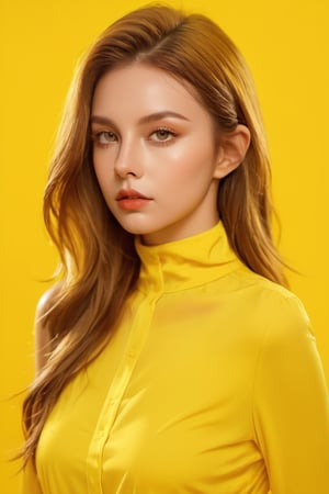 a woman in yellow is posing on a yellow background, in the style of realistic fantasy artwork, hyper-realistic